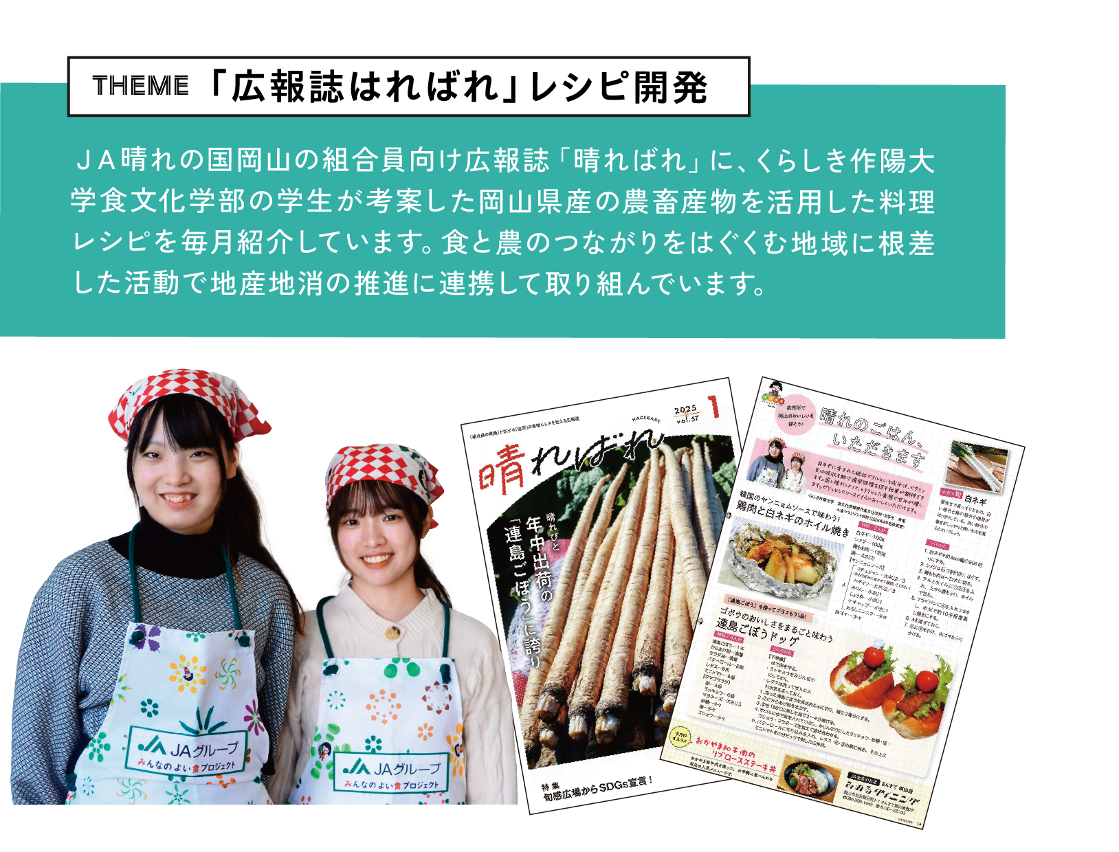 theme 「広報誌はればれ」レシピ開発 ＪＡ晴れの国岡山の組合員向け広報誌「晴ればれ」に、くらしき作陽大学食文化学部の学生が考案した岡山県産の農畜産物を活用した料理レシピを毎月紹介しています。食と農のつながりをはぐくむ地域に根差した活動で地産地消の推進に連携して取り組んでいます。