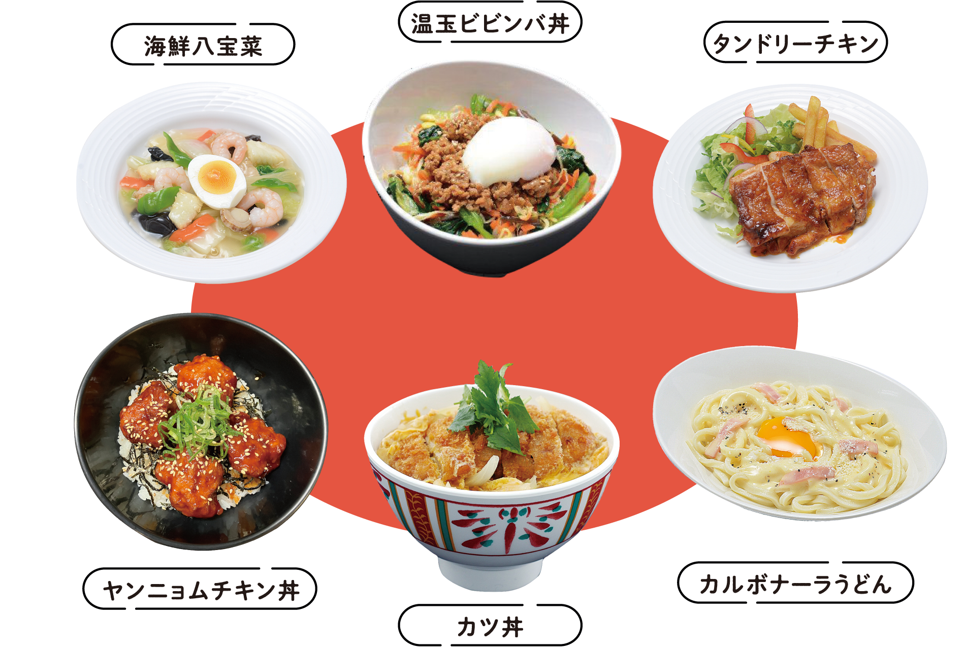 海鮮八宝菜、温玉ビビンバ丼、タンドリーチキン、ヤンニョムチキン丼、カツ丼、カルボナーラうどんの写真