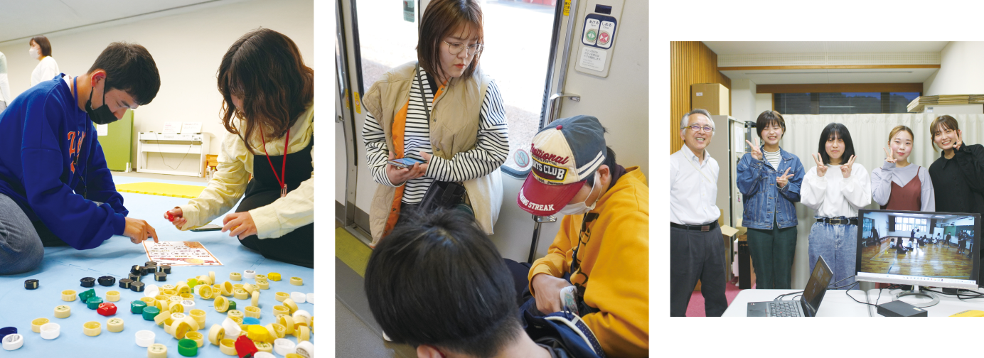 屋内で複数の人がテーブルゲームのような活動を行っている様子の写真乗り物の出入口付近で数人が話したりやり取りをしている様子の写真室内で数人がパソコン画面を囲んで撮影された集合の様子の写真