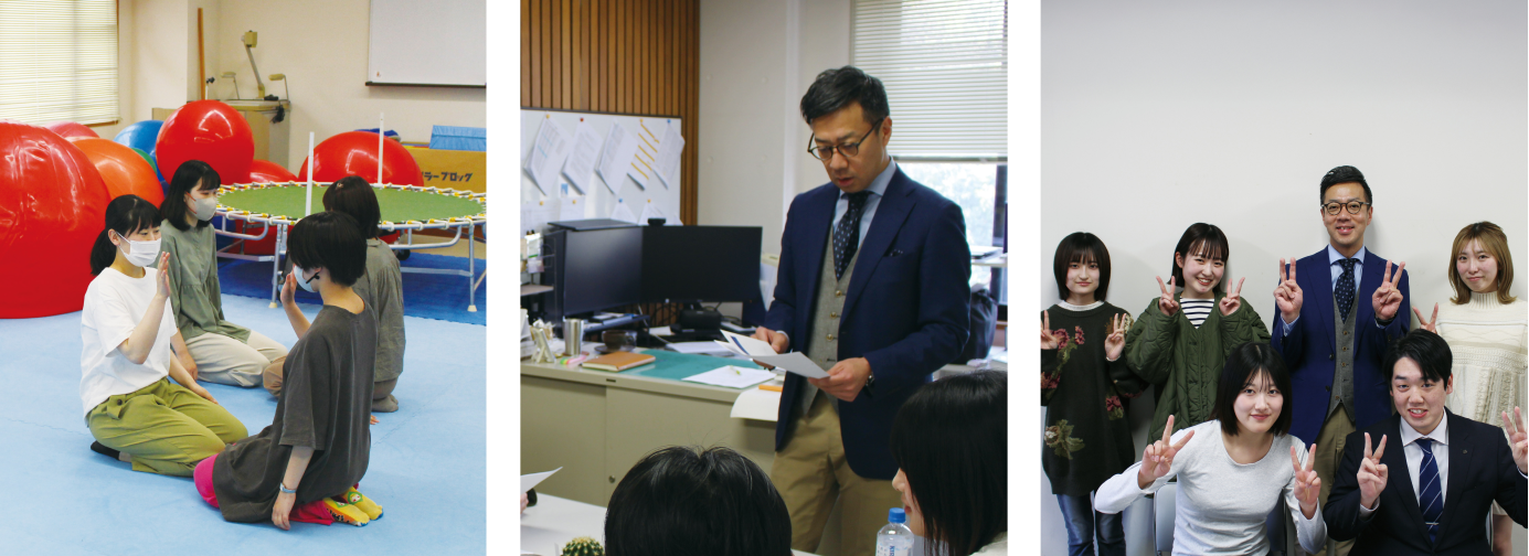 室内で複数の人が向かい合って座り、運動用具のある環境で活動している様子の写真オフィスのような場所で資料を読み上げる様子が撮影された写真室内で数人が並んでポーズをとっている集合の写真